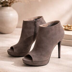 Audrey Brooke Taupe Suede Peep Toe Ankle Booties Stiletto Heel Women’s